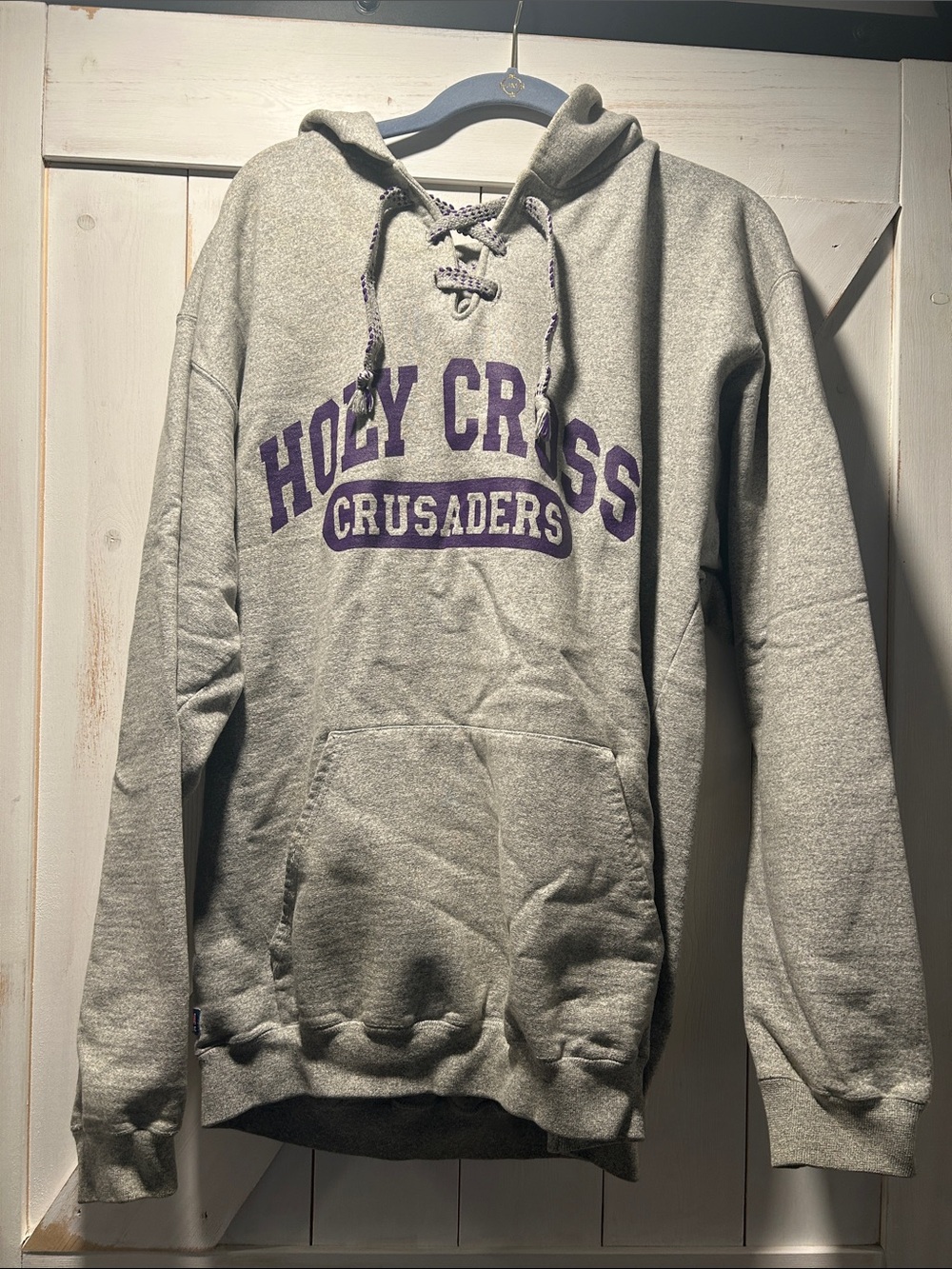 Vintage Y2K Gray Lace-Up Holy Cross Crusaders Hoodie Sweatshirt Large